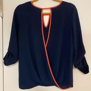 Navy Blouse with Coral Accent